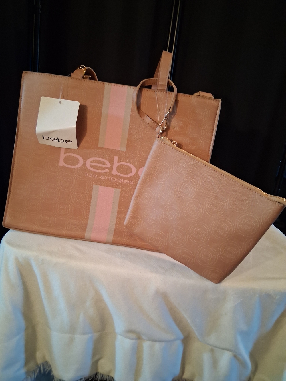 bebe Tan Tote with Pale Pink Stripe and Matching Removable Pouch